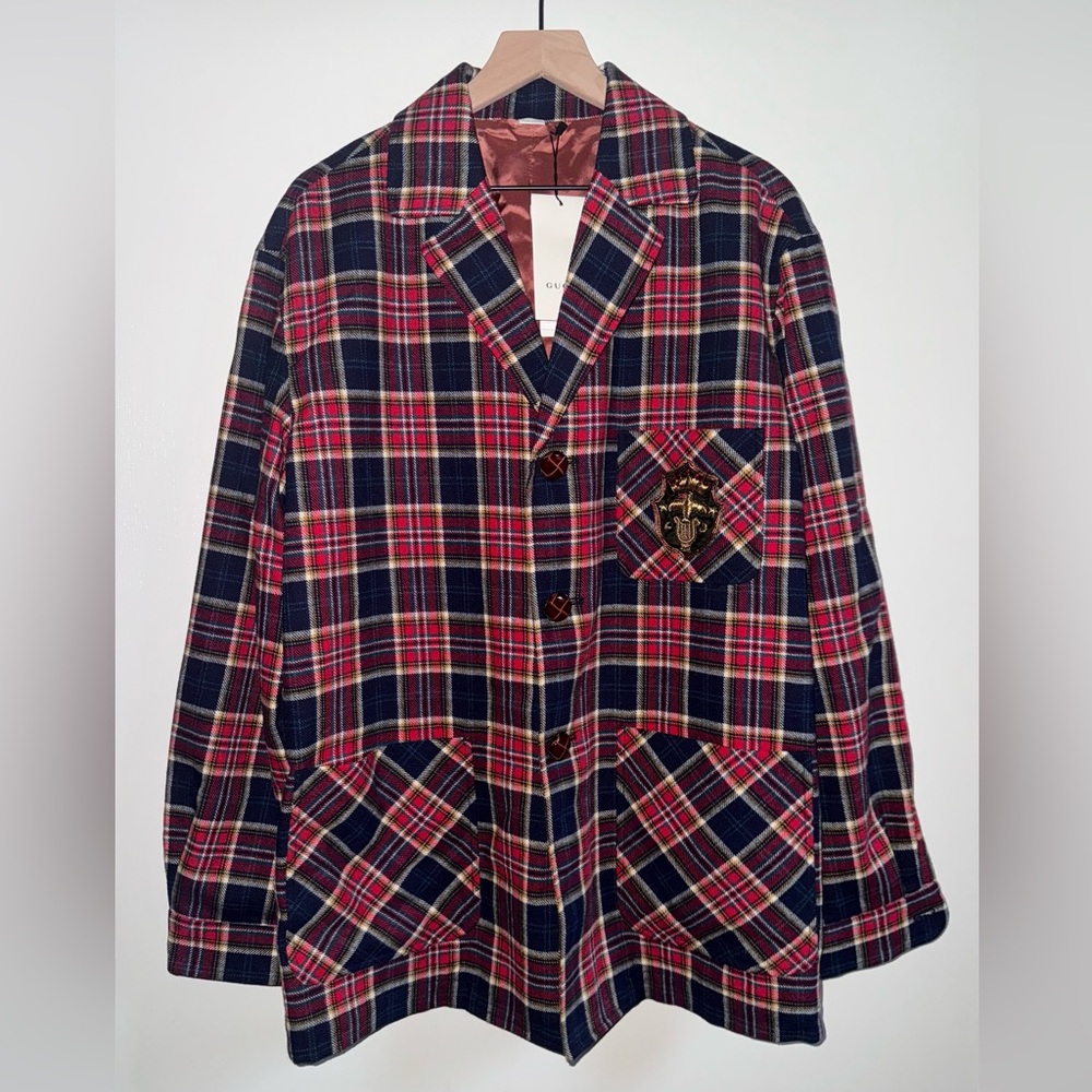 Gucci Wool Blend Sport Jacket Red/Blue Plaid Cocktail Attire Men’s Size 50L